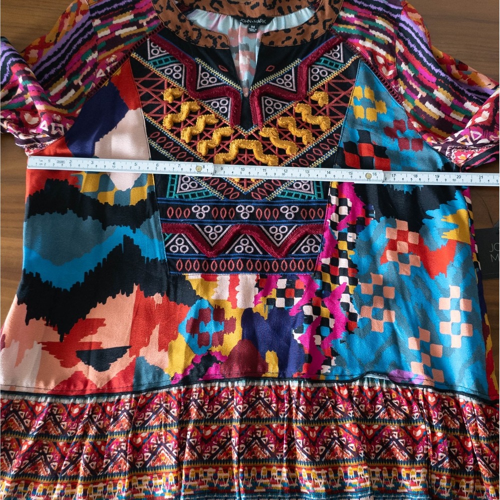 JOHN MARK Multicolor Geometric Floral Embroidered 3/4 Length Sleeve Top SIZE M - Picture 5 of 11